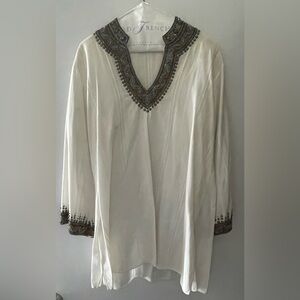 SULU SZ 12 TUNIC BEACH COVER-UP CREAM GAUZY FABRIC W/ BEADED TRIM - RUNS SMALL